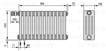 Схема (чертеж) Радиатор Zehnder Charleston 4055/13 №V001 Белый глянцевый RAL 9016